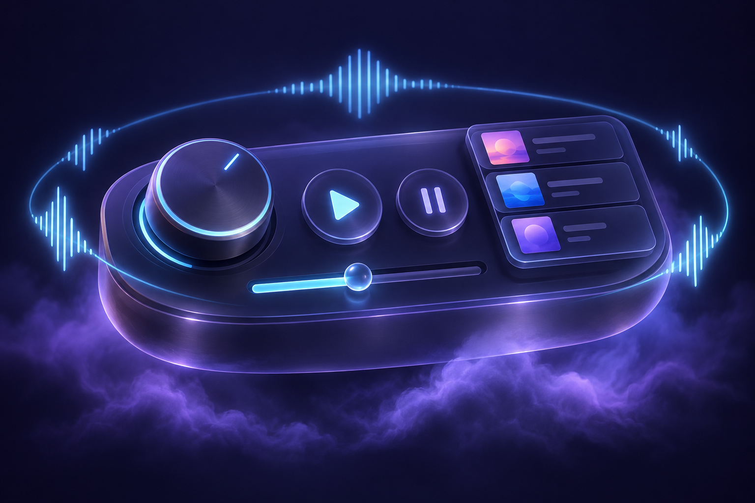 Ilustración de una consola musical con volumen, botones de reproducción y una cola de canciones