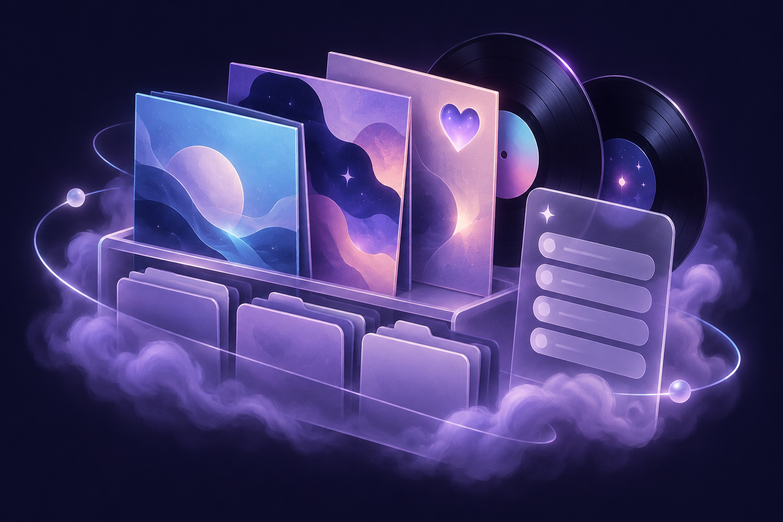 Ilustración de una colección de discos, carpetas musicales y una lista de canciones